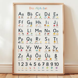 Könnte beinhalten: Ein gerahmtes Lernposter mit dem deutschen Alphabet, "Das Alphabet", mit farbenfrohen Illustrationen für jeden Buchstaben. Das Poster enthält unten die Zahlen 1-10. Das Poster befindet sich in einem Holzrahmen.