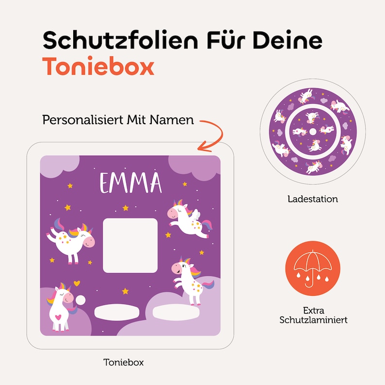 Toniebox Schutzfolie mit Namen personalisierbar, Toniebox personalisiert, Aufkleber, Schutzfolie, Tier, Einhorn, Weltraum, Dino, Geschenk zdjęcie 2