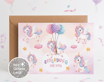 Unicorn Birthday Invitations  A6 Cards with Envelopes | Pastel Unicorn Party Invite Set for Girls | Glitter Finish