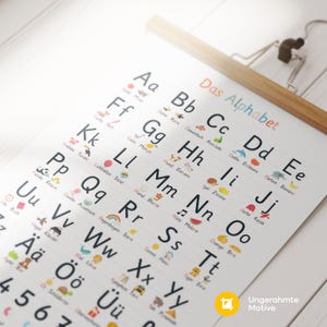 May include: A colorful educational poster featuring the German alphabet, "Das Alphabet," with illustrations for each letter. The poster is held by a wooden hanger and displays letters A through &Uuml;, with corresponding words and images.
