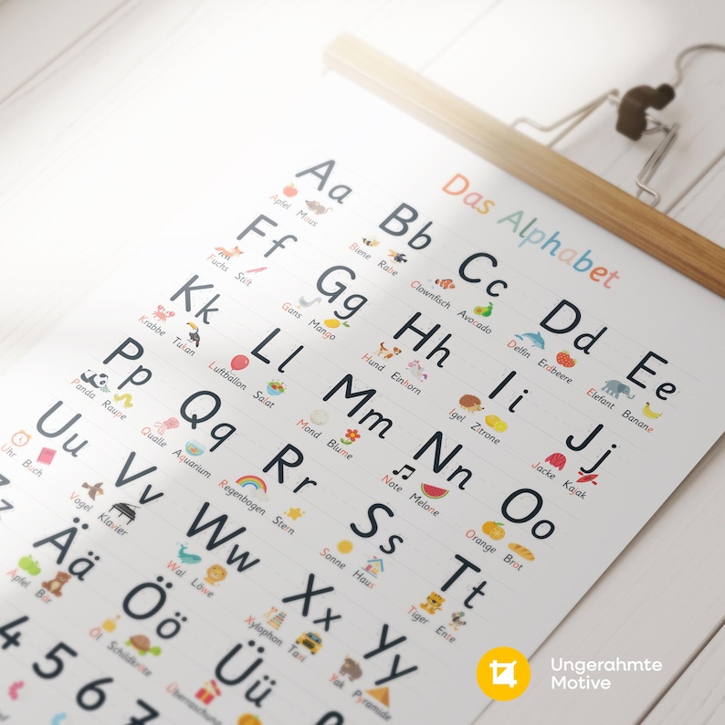 May include: A colorful educational poster featuring the German alphabet, "Das Alphabet," with illustrations for each letter. The poster is held by a wooden hanger and displays letters A through &Uuml;, with corresponding words and images.