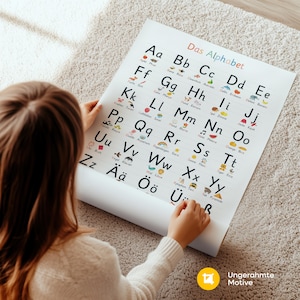 May include: A white poster with the German alphabet, titled "Das Alphabet," is held by a person. The poster features colorful illustrations next to each letter. The background is a light-colored carpet.