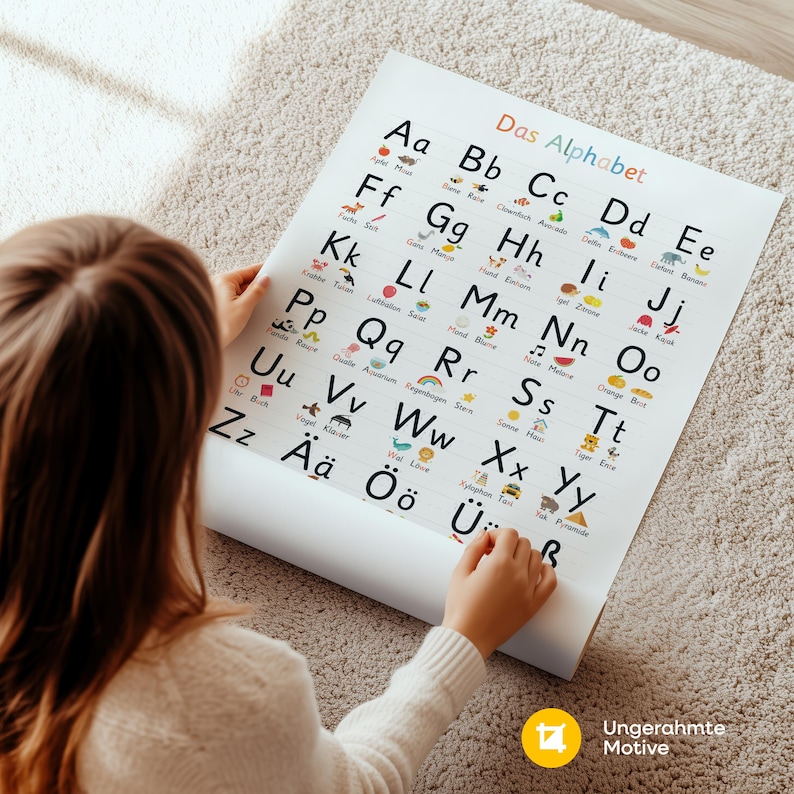 May include: A white poster with the German alphabet, titled "Das Alphabet," is held by a person. The poster features colorful illustrations next to each letter. The background is a light-colored carpet.