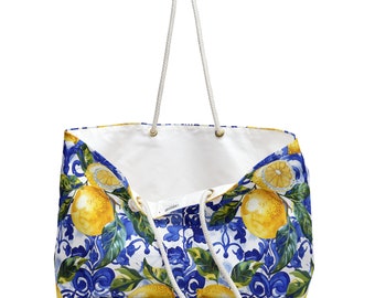 Italy Lemon Beach Tote Bag, Capri Amalfi Coast Style Tote, Blue and White Tile Italy Tote Bag, Gift for Italy Lover, Travel Tote with Lemons