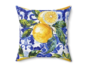 Italy Blue Tile with Lemons Accent Pillow, Italy Amalfi Coast Blue and White Tile Pillow, Majolica Tiles