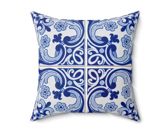 Capri Italy Accent Pillow, Italy Amalfi Coast Blue and White Tile Pillow