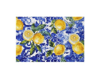 Alfombra italiana para exteriores con diseño de limón, alfombra para porche delantero con azulejos azules y blancos, alfombra para patio, alfombra italiana para exteriores.