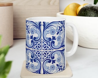 Italian Tile Amalfi Coast Coffee Mug, Italy Mug, Blue and White Tile Coffee Cup