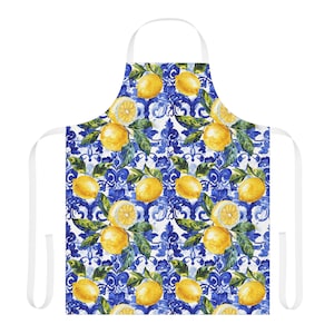 Capri Lemon Apron, Włochy Niebieski i Biały Fartuch Płytkowy, Fartuch Cytrynowy, Cytryny Amalfi, Fartuch Włoski, Prezenty dla Miłośników Włoch, Prezenty Dla Włoskich Kucharzy