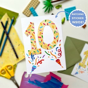 10e anniversaire | Carte de dix ans avec autocollant d'âge assorti ! | Carte d'anniversaire pour enfant Sprinkles & Confettis | Club à deux chiffres !