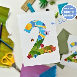 2ème carte d'anniversaire | Carte de deux ans avec autocollant d'âge assorti ! | Jolie carte de collage pour l'anniversaire d'un tout-petit | Deux mots mignons !