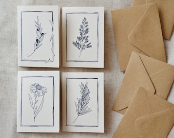 Recycled Eco Note Cards, A7, 4 Pack | Thinking of you Cards | Blank Greetings Cards Multipack |Botanical Mini Cards | Eco Thank you cards