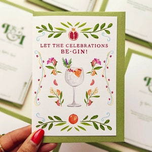 Que les célébrations commencent ! carte de voeux | Carte de voeux de gin | de célébration | carte de voeux botanique vintage | Carte Amateur de gin