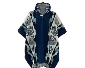 Poncho de lana de alpaca: Diseño nativo unisex, tejido a mano