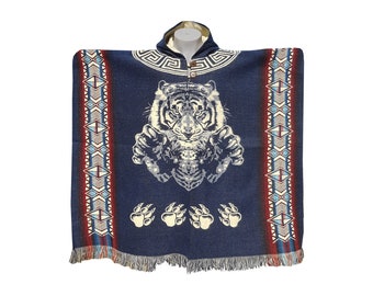 Poncho à tête de tigre. Poncho style hobo. Poncho équitable. Poncho en laine d'alpaga !