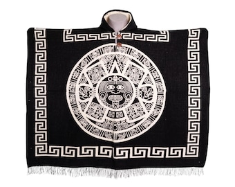 Poncho con capucha de lana de alpaca con calendario azteca - Unisex, talla adulto