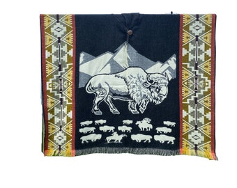 Poncho de lana de alpaca y bisonte: diseño con capucha del suroeste