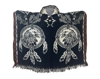 Poncho de lana de alpaca con atrapasueños de águila, sarape festivo tejido a mano