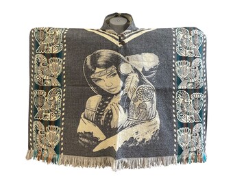 Alpaca Blend Poncho: Native Girl Graphic, Unisex One Size