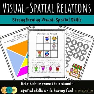 May include: A printable worksheet with three activities for strengthening visual-spatial skills. The first activity is a tangram puzzle, the second is a monster matching game, and the third is a left or right directional activity.