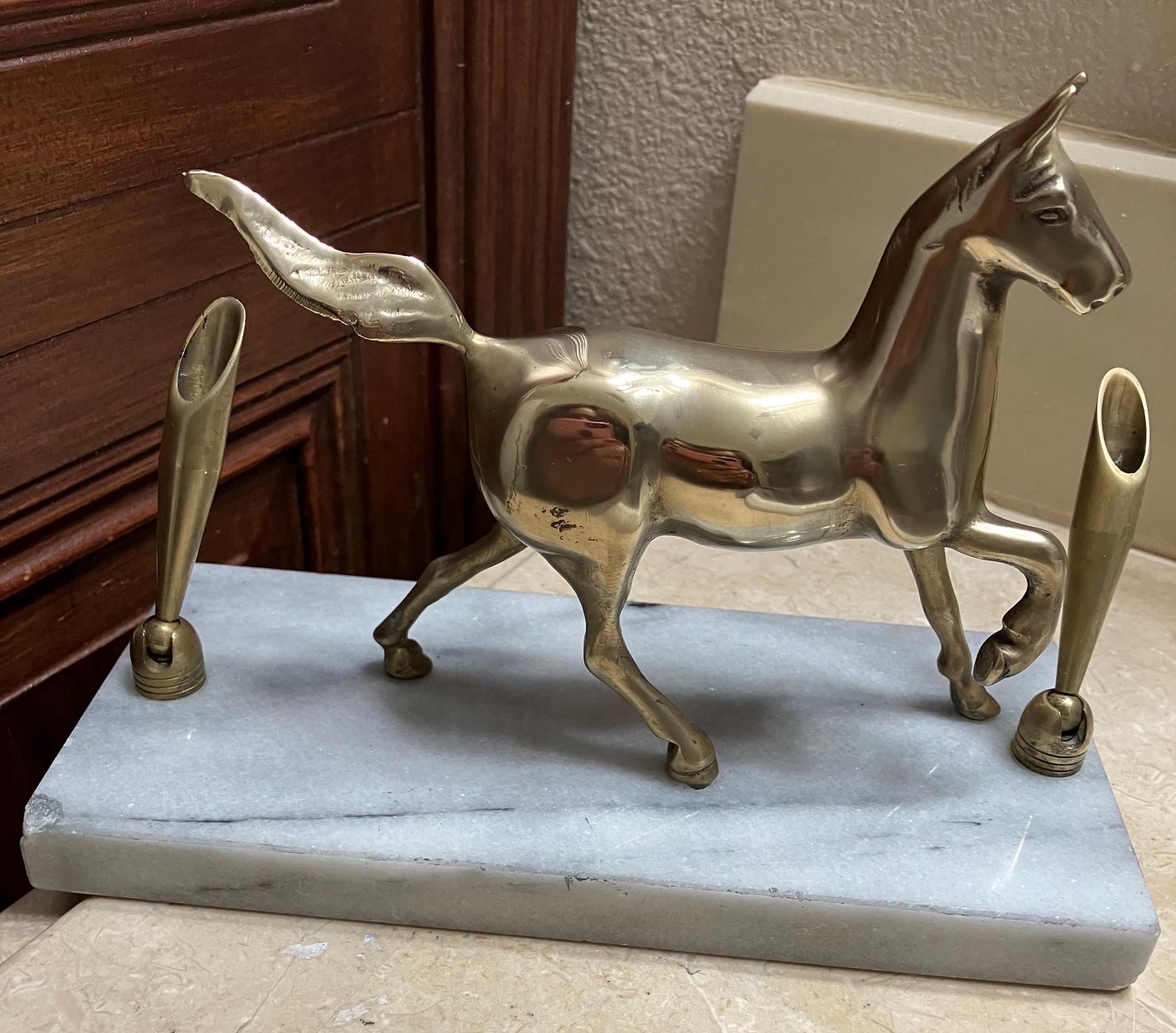 Vintage brass horse on marble stand pen and pencil holder