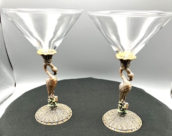 Vtg. Kirks Folly bronze enamel flamingo martini glasses.  Set of 2.
