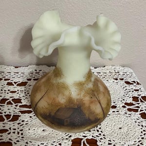 Vintage Fenton hand painted satin vase with ruffled top edge