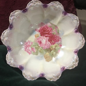 Antique porcelain serving bowl by JSV, Germany.  Hand painted pink roses on a white background