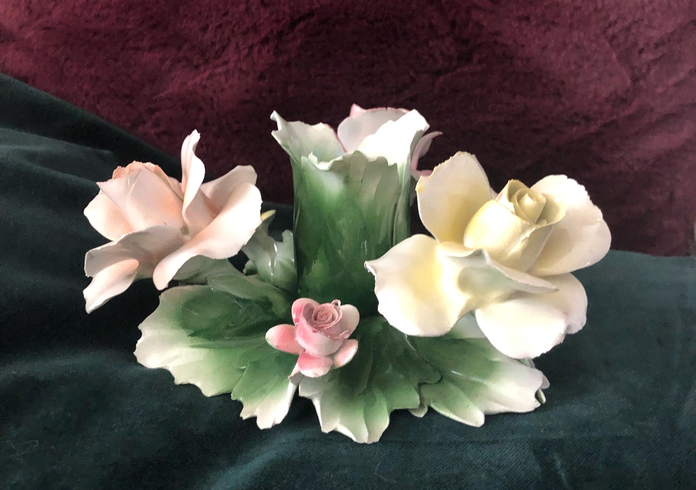 Italian Porcelain Hand Painted Yellow and Pink Roses Candle Holder