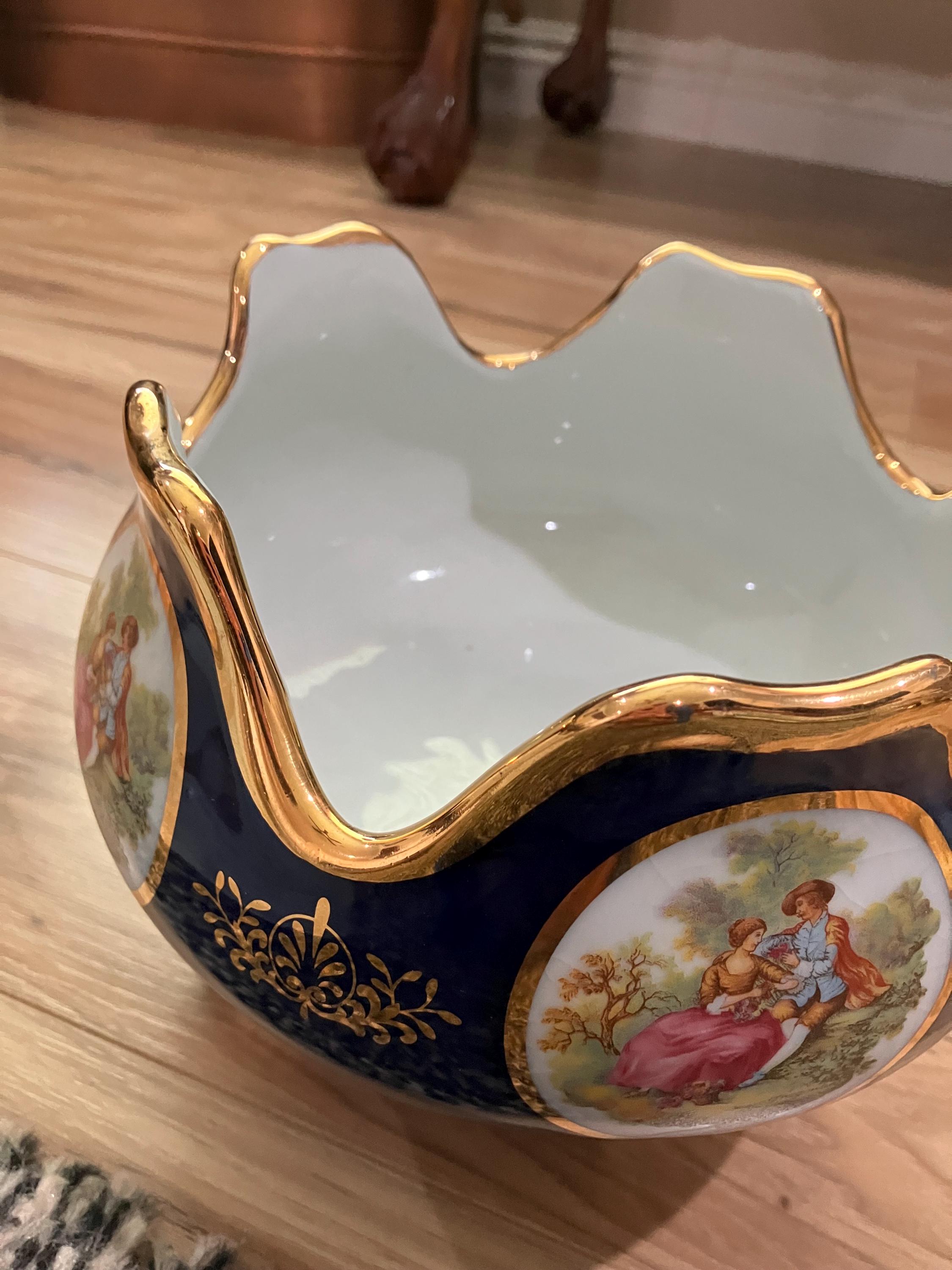 Vtg Limoge Design Large Blue and Gold 3 Legged Porcelain