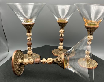 Vtg. 2 Saints beaded stem copper bronze martini glasses.  Set of 4.