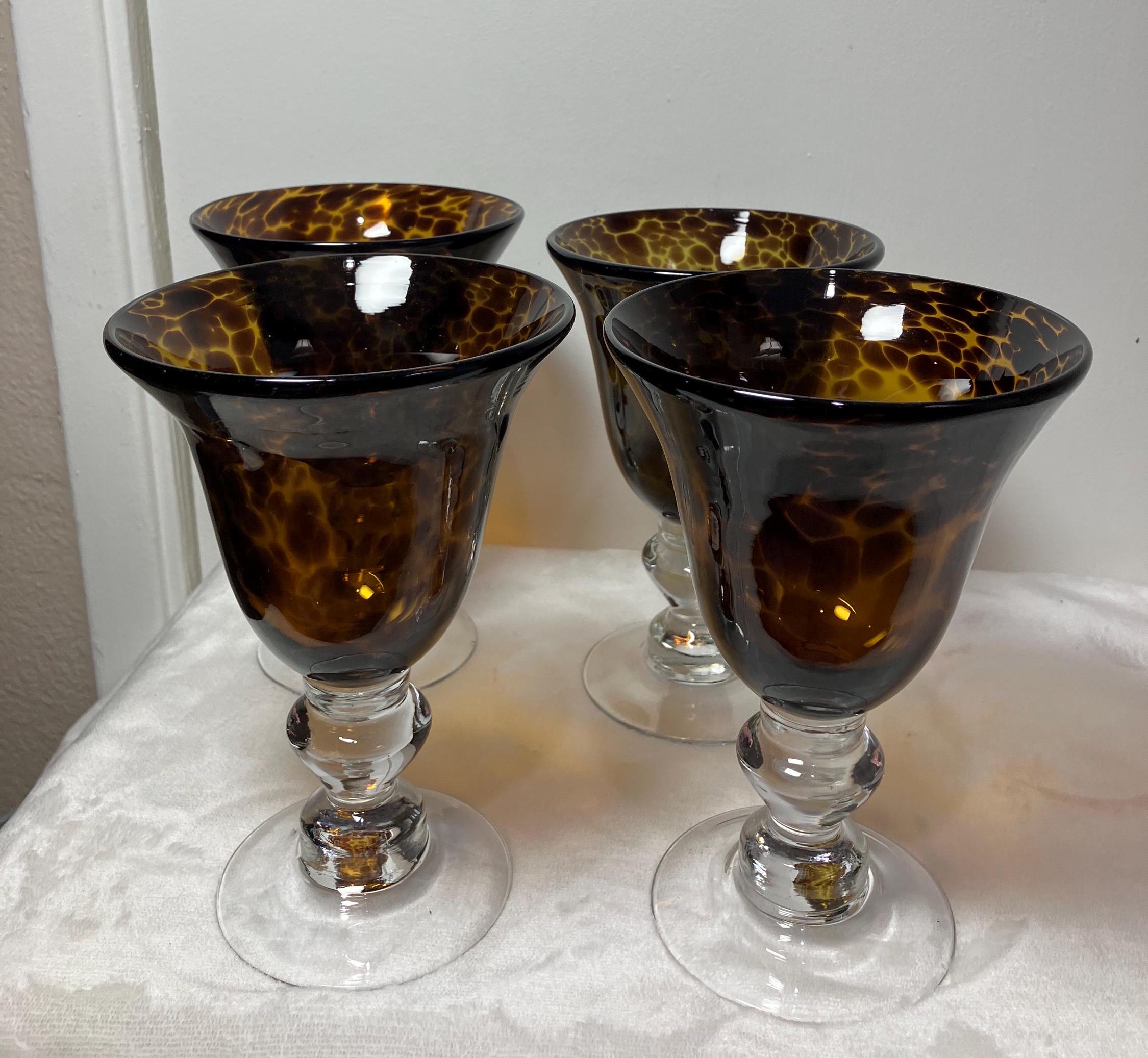 Vtg Tortoise, Zebra hand blown water/wine goblets. Set of 4