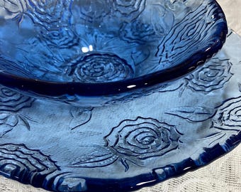 Vtg IVV Italy 3 Pc Light Blue Textured Rose Floral Glass Dinner