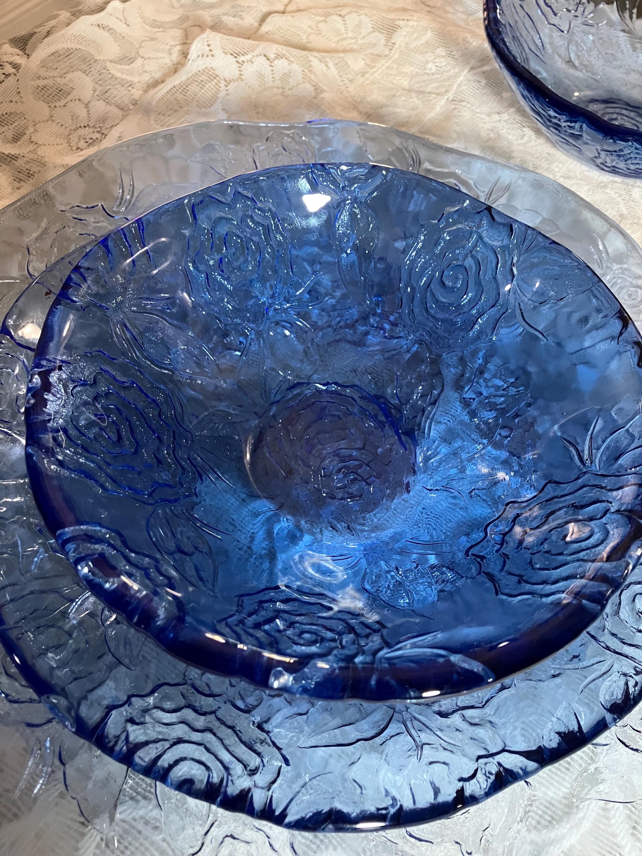 Vtg IVV Italy 3 Pc Light Blue Textured Rose Floral Glass Dinner
