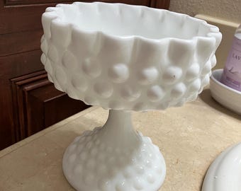 Vintage Fenton Hobnail White Milk Glass Pedestal Candy Dish - Etsy