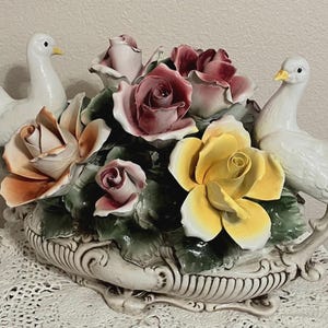 Vintage Capodimonte extra large beautiful porcelain roses and doves center piece
