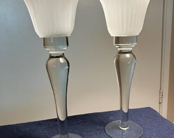 Paire De Bougeoirs En Cristal Taillé En Forme De Tulipe – Marque Home Interiors, Vintage