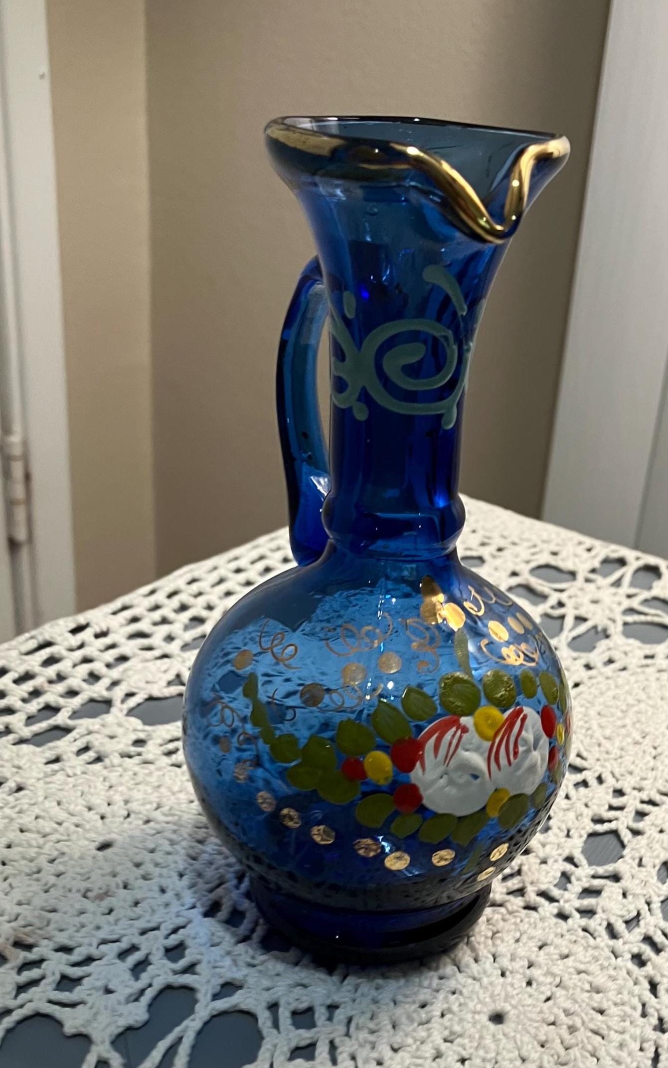Bohemian ブルーカットボール　1950年物 Colbolt Blue Hand Painted Bohemian Glass Vase - Etsy
