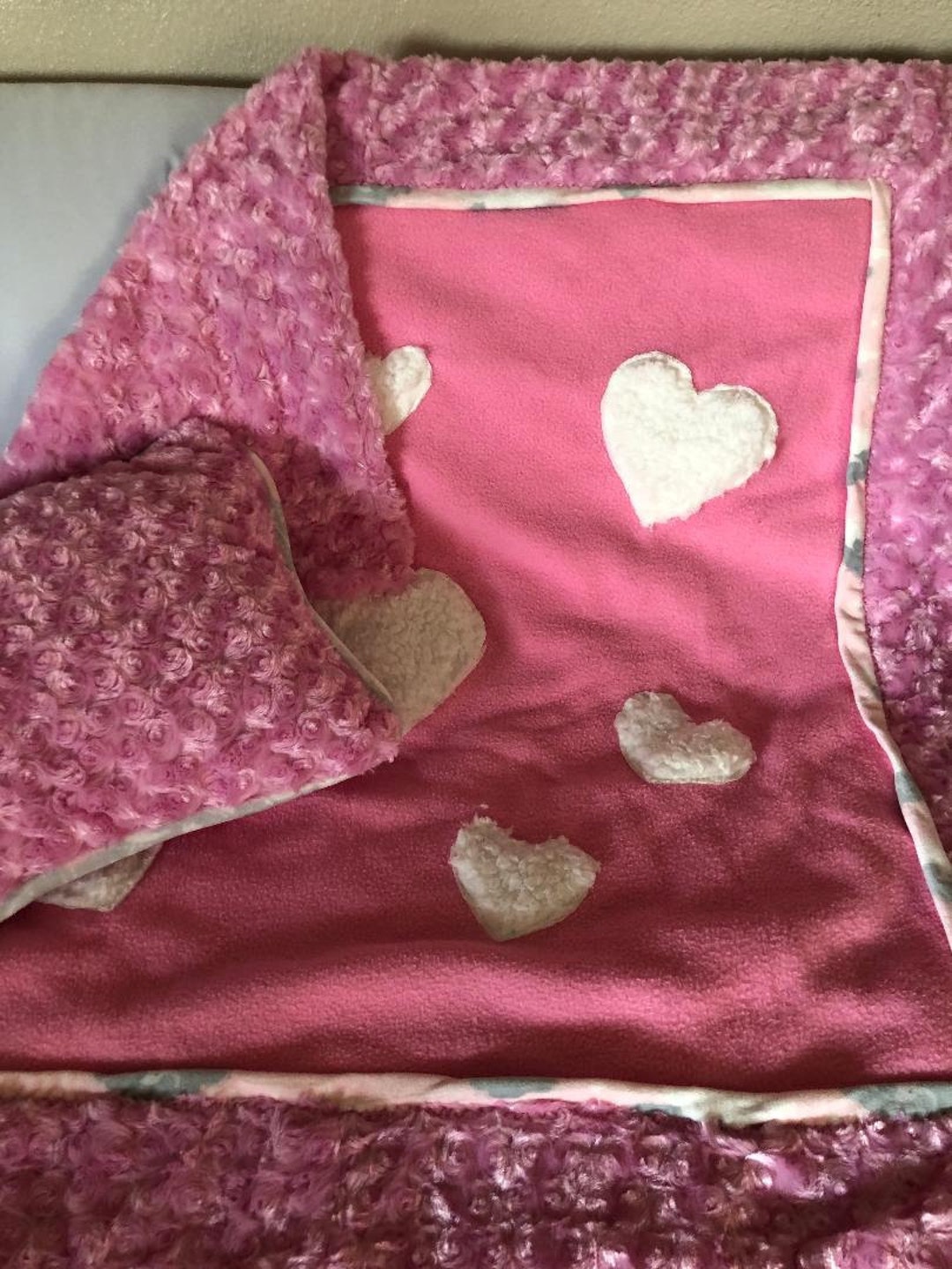 A One of a Kind Original Pink Fleece Baby Blanket With Heart Appliques