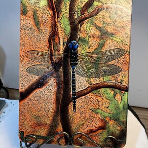 May include: A rectangular decorative glass panel featuring a dragonfly design. The dragonfly has a blue head and a black body with transparent wings. The background is a blend of orange, green, and brown, with a tree branch design. The panel is displayed on a decorative metal stand.