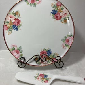 Vtg Mikasa Rosemead Muster weiße Blumen Kuchenplatte und Pfannenwender feines Porzellan Set.