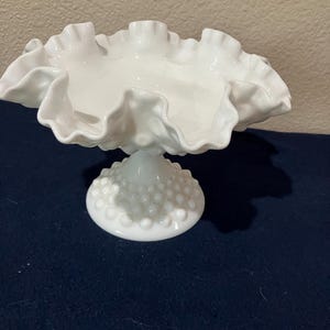 Vtg Fenton white milk glass stand round candy dish with ruffled edges