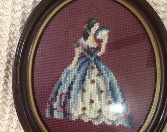 Vintage needle point framed picture of Victorian lady