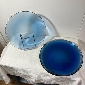 Vtg set of 6 blue dinner clear glass plates