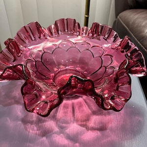 Fenton cranberry ruffled crimped rim decorative bowl