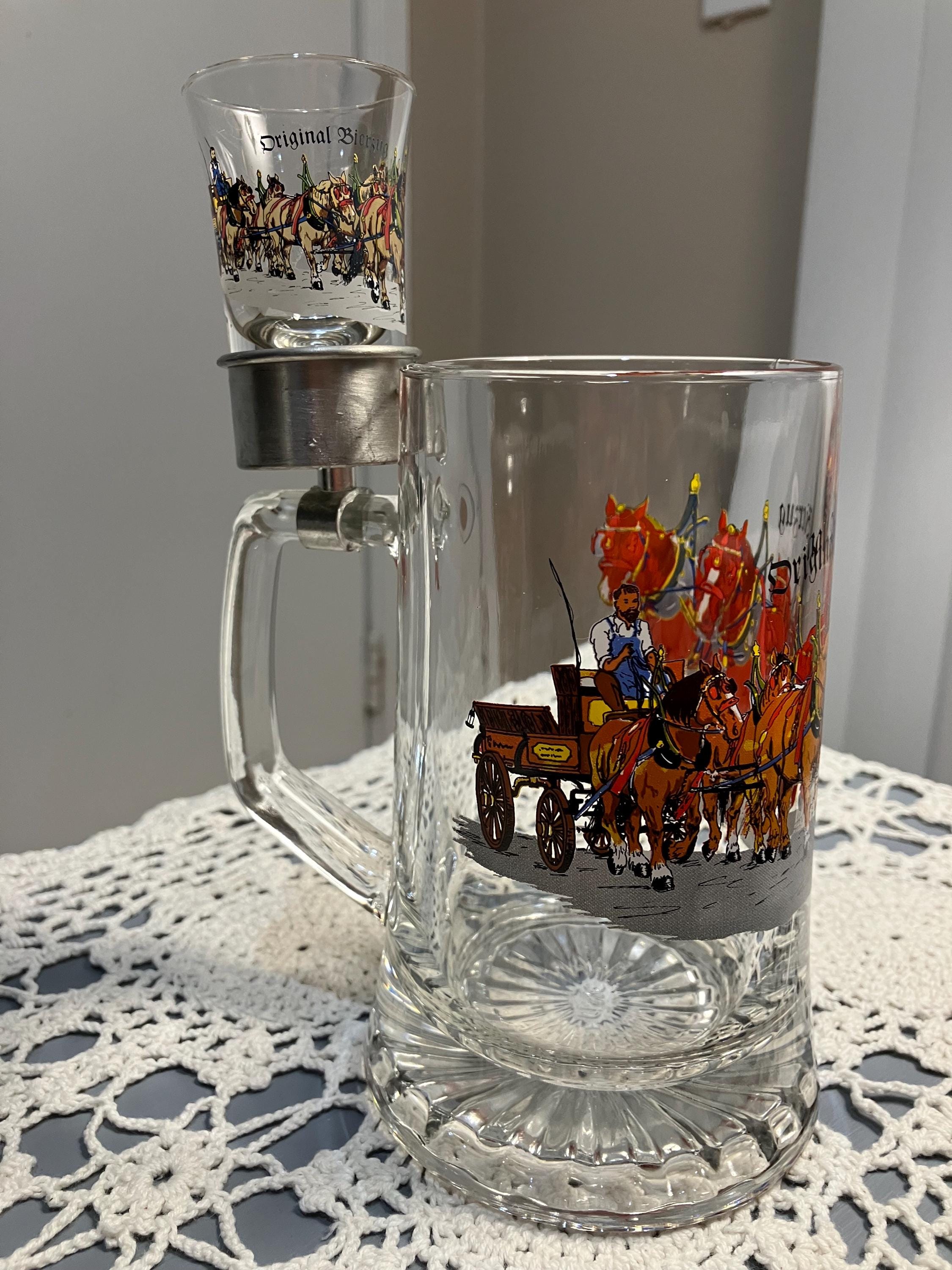 Vtg.  The Original Bierzug German 16 oz. Glass beer mug with shot glass and holder. Made in Italy.