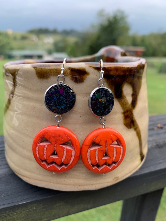 Black Glitter Jack o lantern Earrings Halloween Orange and Black