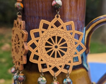 Colorful Bohemian Wood, Metal, & Combined Gemstone Mandala Dangle Earrings