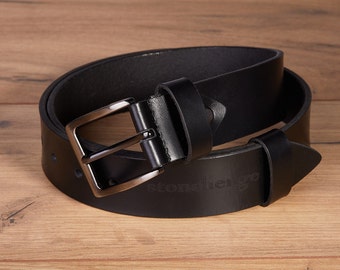 Black custom leather belt for men, crazy horse personalized minimalist belt with initials, casual Christmas and Birthday gift for him