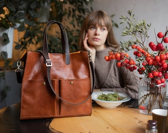 Personalisierte Ledertasche für Frauen, Cognac Lederhandtasche mit Taschen und Gravur, Custom Shopper, Geschenk für Sie